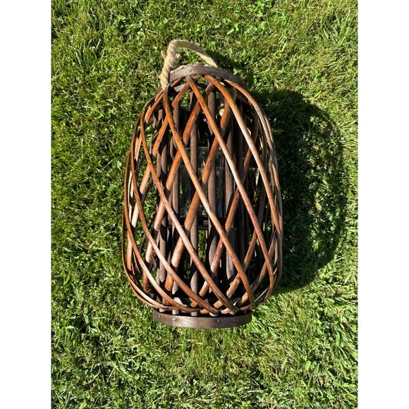Rustic Boho MCM Bamboo Rattan Whicker & Glass Lantern With Rope Handle 16" Tall - Picture 6 of 15